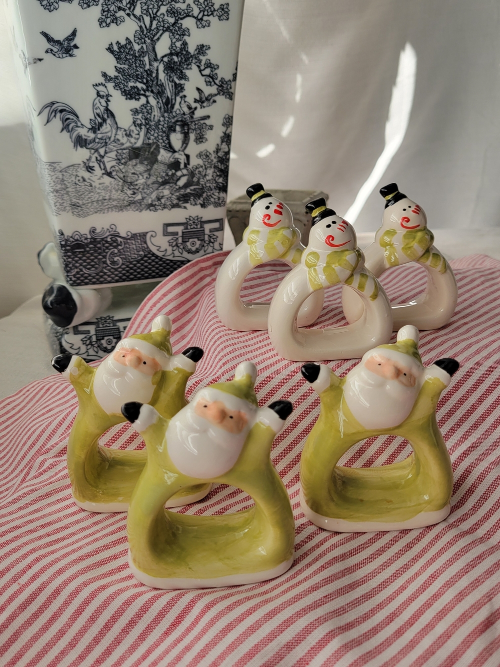 Holiday Ceramic Napkin Rings — Santa & Frosty Set of 6